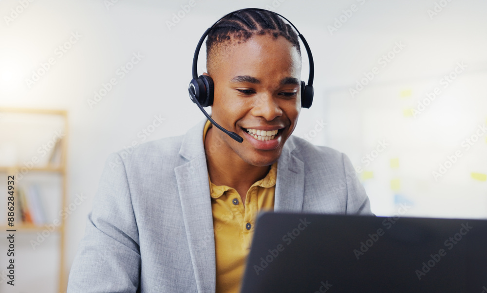 Telemarketing, laptop video call and black man talking on webinar communication, online conference or telecom. Networking, call center office and customer care person consulting on support help desk Telemarketing, laptop video call and black man talking on webinar communication, online conference or telecom. Networking, call center office and customer care person consulting on support help desk