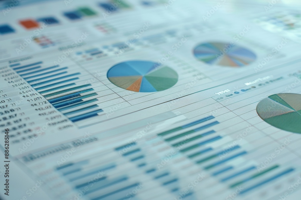 Detailed close-up of a sheet of paper filled with various graphs and data, Create a visual representation of a detailed financial forecast for a new business venture