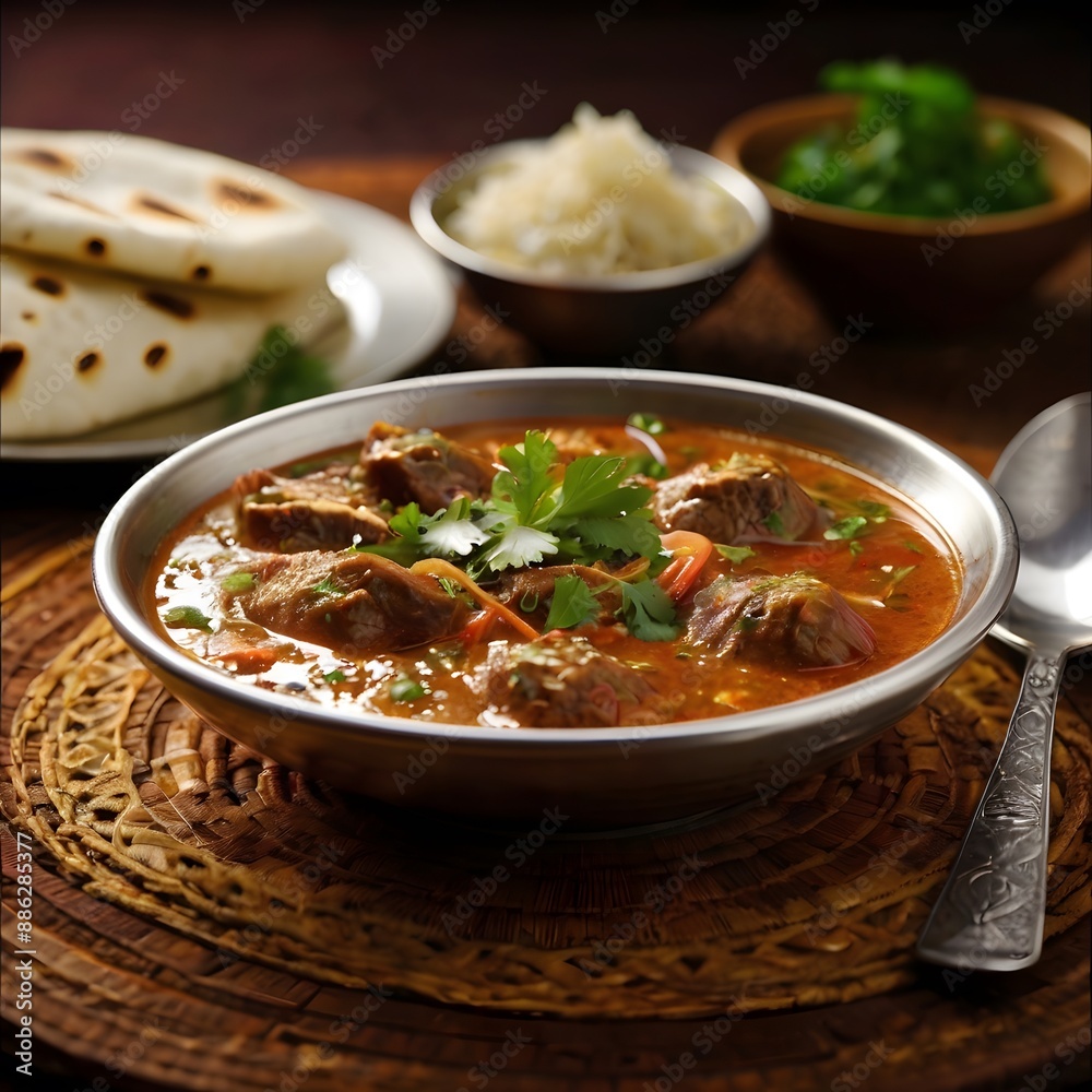 Savory Nihari Dish for Food Poster Generative AI. Traditional pakistani nihari stew served in a clay pot, garnished with fresh herbs Savory Nihari Dish for Food Poster Generative AI. Traditional pakistani nihari stew served in a clay pot, garnished with fresh herbs