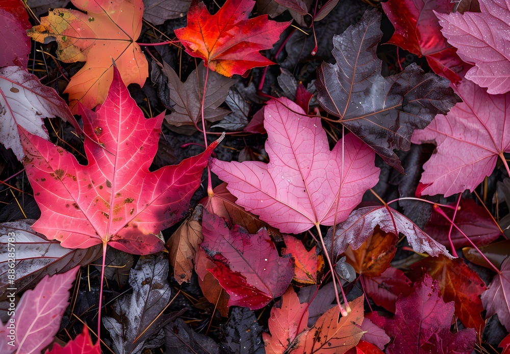 Obraz premium Vibrant Autumn Leaves Close-Up: Red, Pink, And Brown