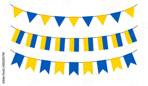 Garland with the flag of Ukraine isolated on white background. Ukraine Independence Day. Ukraine flag on the ropes.  Set of Patriotic bunting flags. Vector Illustration.