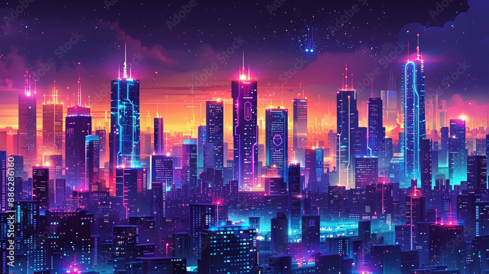 86. Cyberpunk cityscape with buildings shaped like various marketing funnel stages 86. Cyberpunk cityscape with buildings shaped like various marketing funnel stages