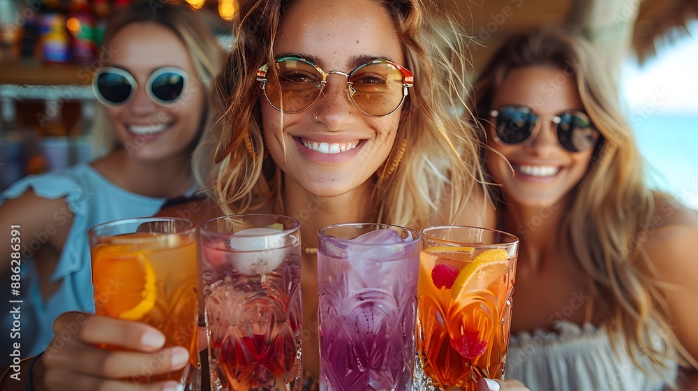 A group of friends Enjoy drinks , Wearing Sunglasses and Sharing Bright Smiles, Celebrating a Joyful Summer Day Together. A group of friends Enjoy drinks , Wearing Sunglasses and Sharing Bright Smiles, Celebrating a Joyful Summer Day Together.
