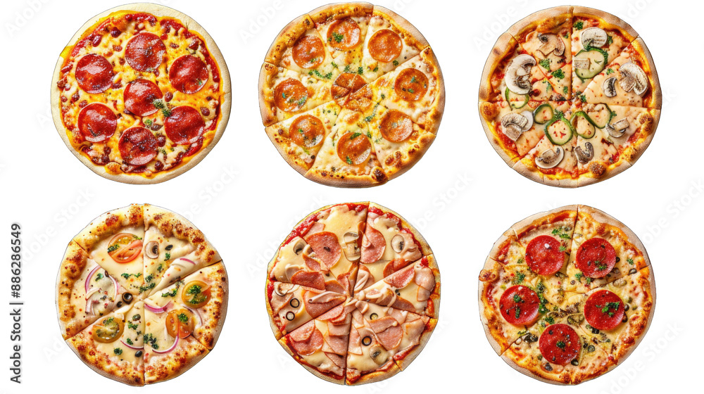 Collection of pizza with various ingredients, transparent background or PNG file. Top view cutouts of fast food Collection of pizza with various ingredients, transparent background or PNG file. Top view cutouts of fast food