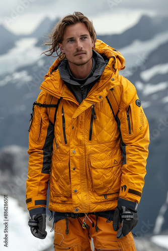 portrait of a hiker man in winter in the montaines photo