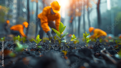 Close up of team planting trees, worker with yellow helmet and orange uniform plants a new tree seedling