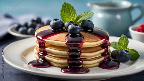 Delicious oatmeal pancakes with berry fruit blueberry strawberry jam dessert topping. Blue background