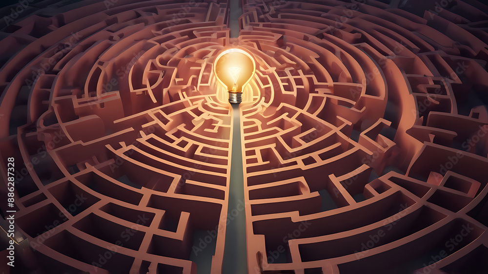 A heart-shaped maze with a path leading to a glowing light bulb, representing the journey of ideas and inspiration A heart-shaped maze with a path leading to a glowing light bulb, representing the journey of ideas and inspiration