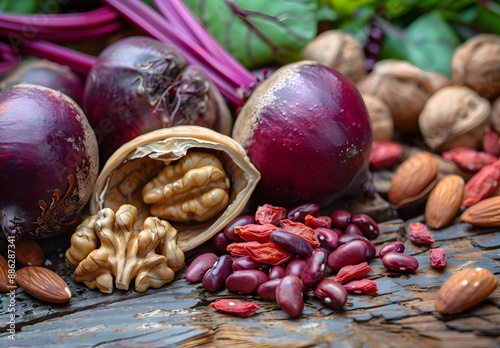 Walnuts, Beets, Red Beans & Goji Berries on Wooden Table photo