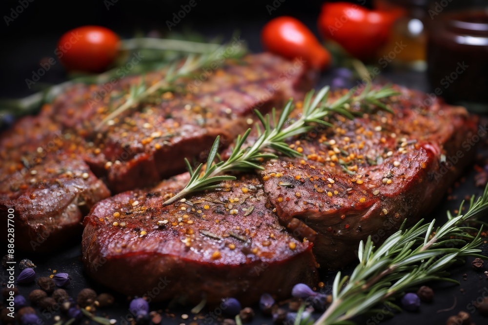 grilled meat and vegetables and herbs cooked on fire as a barbecue, roast in a frying pan, delicious food grilled meat and vegetables and herbs cooked on fire as a barbecue, roast in a frying pan, delicious food