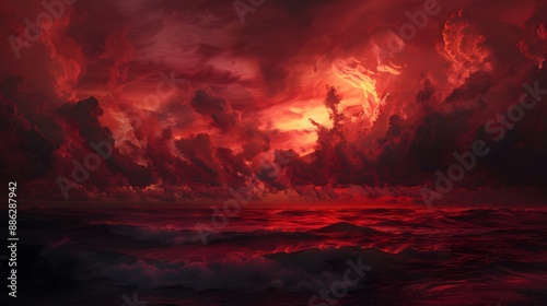 Dramatic Red Sky & Ominous Ocean Sunset