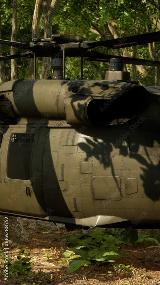 Military helicopter in deep jungle