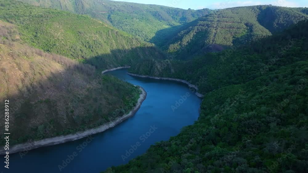 River And Mountains In Meandro da Cubela Nature Preserve In A Covela, Lugo, Spain - Aerial Drone Shot River And Mountains In Meandro da Cubela Nature Preserve In A Covela, Lugo, Spain - Aerial Drone Shot