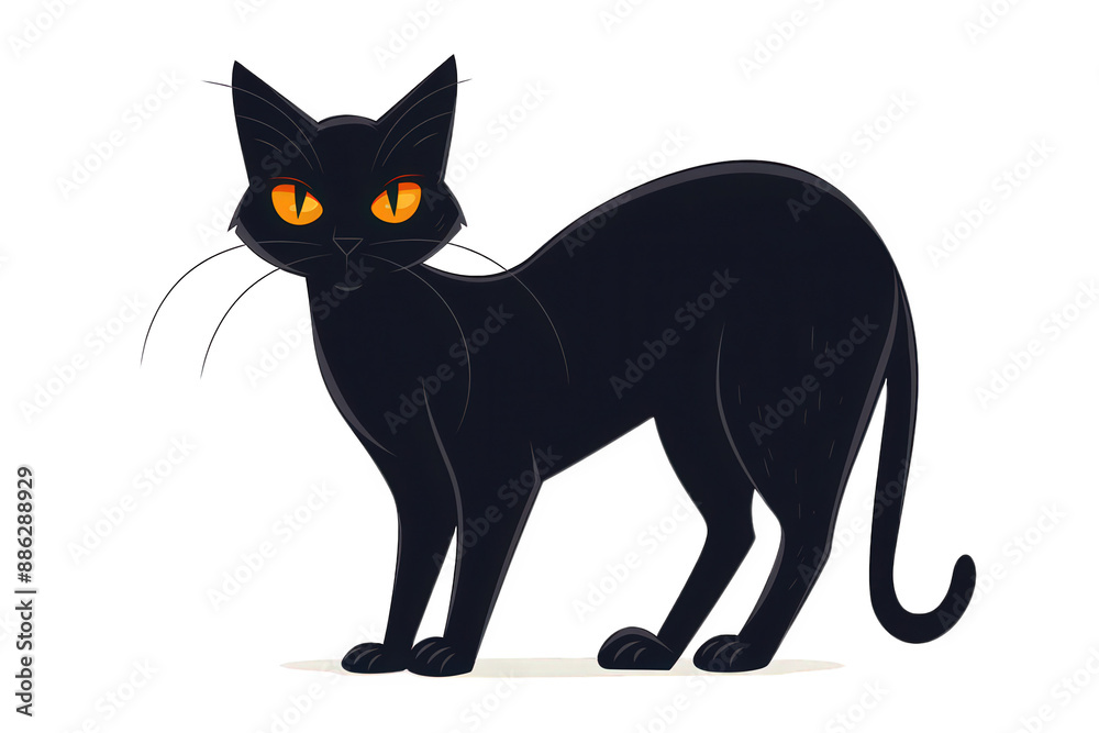 A black cat with bright orange eyes stands against a dark background. The cat is looking directly at the viewer. A black cat with bright orange eyes stands against a dark background. The cat is looking directly at the viewer.