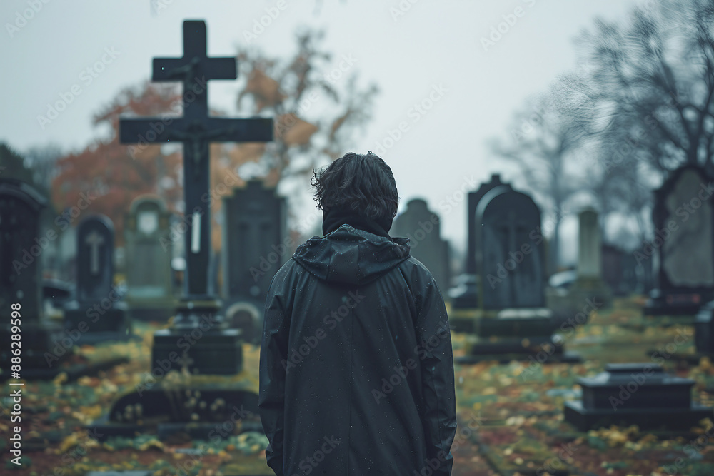 AI generated picture of young person standing at the cemetery alone AI generated picture of young person standing at the cemetery alone