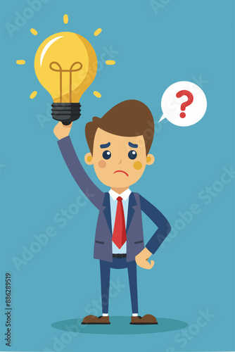 Bad Idea Leads to Failure: Confused Businessman Doubts Evil Lightbulb, Symbolizing Rejected and Negative Opinions