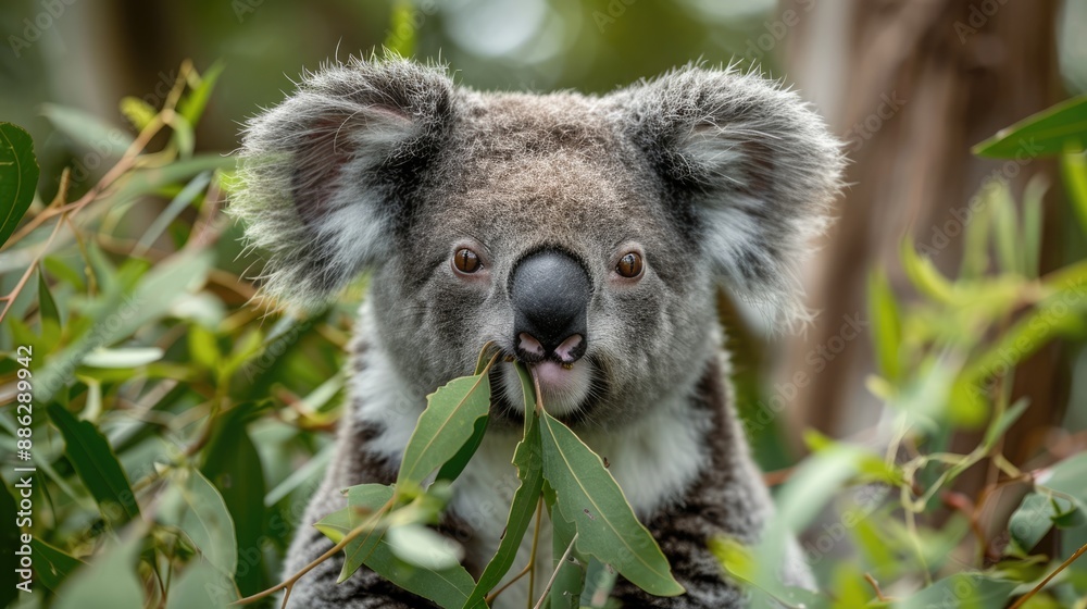 Koala Eating Eucalyptus Leaves in a Lush Forest Koala Eating Eucalyptus Leaves in a Lush Forest
