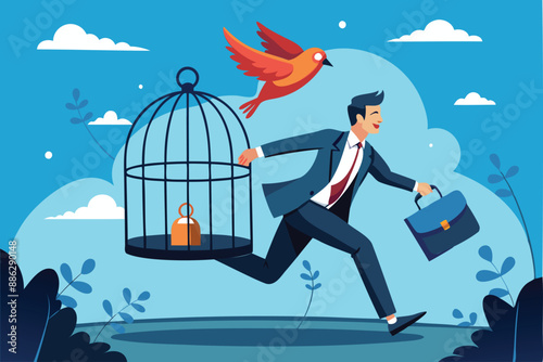 Ambitious Businessman Breaking Free from Routine Comfort Zone, Escaping Bird Cage Trap to Experience New Challenges and Freedom