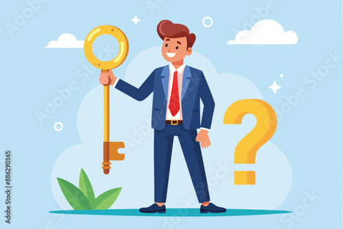 Businessman Holding Golden Key to Unlock Question Mark, Symbolizing Problem-Solving and Wisdom