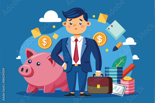 Businessman with Piggy Bank Concerned about Income Tax Bills and Debt