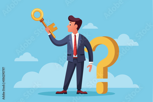 Businessman Holding Golden Key to Unlock Question Mark, Symbolizing Problem-Solving and Wisdom