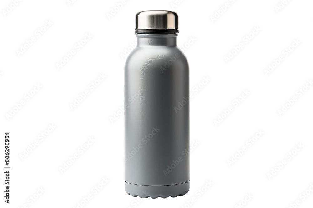 A Gray and Silver Stainless Steel Water Bottle Stands Ready for Hydration on a White or Clear Surface PNG Transparent Background. A Gray and Silver Stainless Steel Water Bottle Stands Ready for Hydration on a White or Clear Surface PNG Transparent Background.