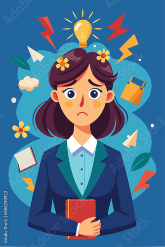 Confused Businesswoman Struggling with Brain Fog, Mental Exhaustion, Work Anxiety, and Stress