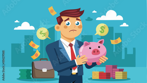 Businessman with Piggy Bank Concerned about Income Tax Bills and Debt