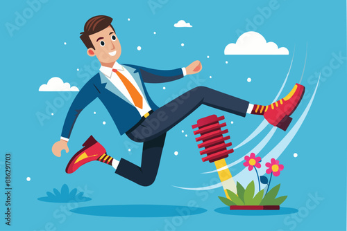 Businessman with Spring-Powered Shoes Boosting Productivity and Efficiency