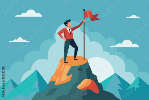 Courageous Business Pioneer Conquering New Market Opportunities, Holding Victory Flag on Mountain Peak Summit