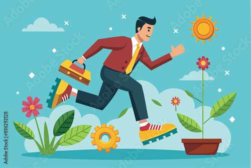 Businessman with Spring-Powered Shoes Boosting Productivity and Efficiency