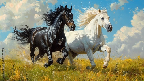 Two horses, one black and one white, run side by side in a field.
