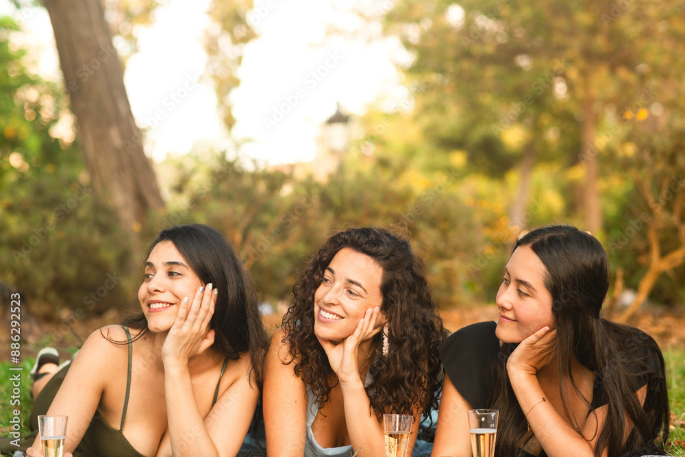 Obraz premium girlfriends looking on the left smiling and being happy at the park