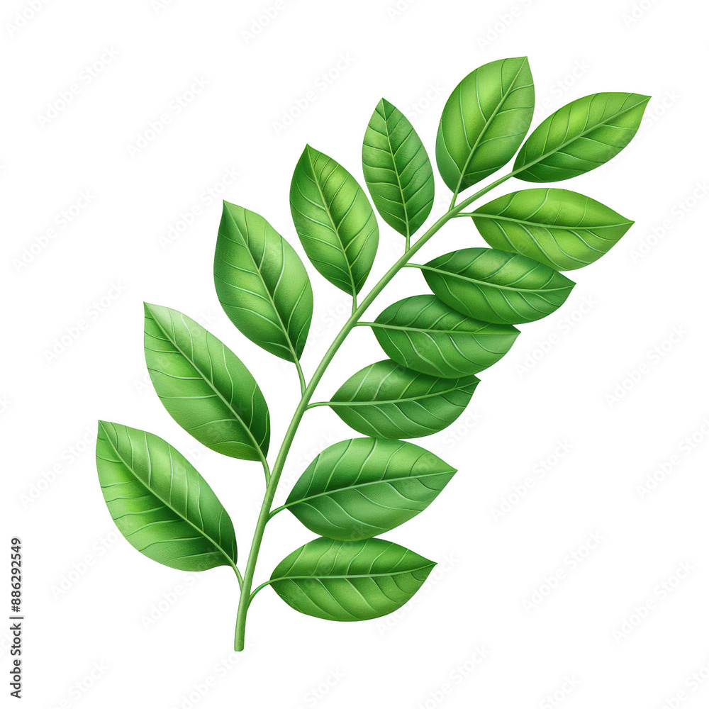 Fototapeta premium A green leaf branch with vibrant colors and realistic details, isolated on white background