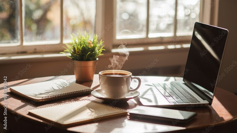 Cozy morning coffee by the window with a laptop Cozy morning coffee by the window with a laptop
