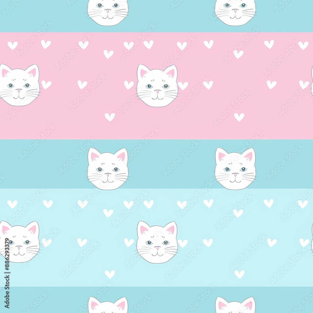 Seamless Adorable White Cat Faces and Heart Pattern on Blue and Pink Stripes. Cute Design Seamless Adorable White Cat Faces and Heart Pattern on Blue and Pink Stripes. Cute Design