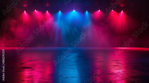 Abstract background of the stage with red and blue spotlights, dark night scene with reflections on an empty concrete floor, panoramic view.