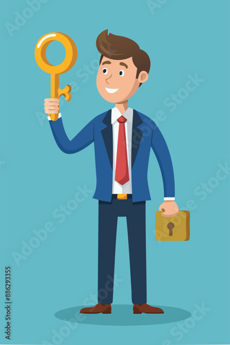 Businessman Holding Golden Key to Unlock Question Mark, Symbolizing Problem-Solving and Wisdom