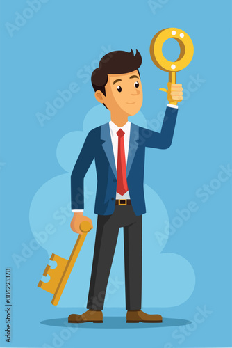 Businessman Holding Golden Key to Unlock Question Mark, Symbolizing Problem-Solving and Wisdom