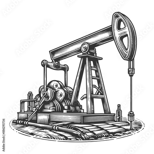 oil pump jack nodding donkey, detailed industrial design and mechanical elements sketch engraving generative ai vector illustration. Scratch board imitation. Black and white image.