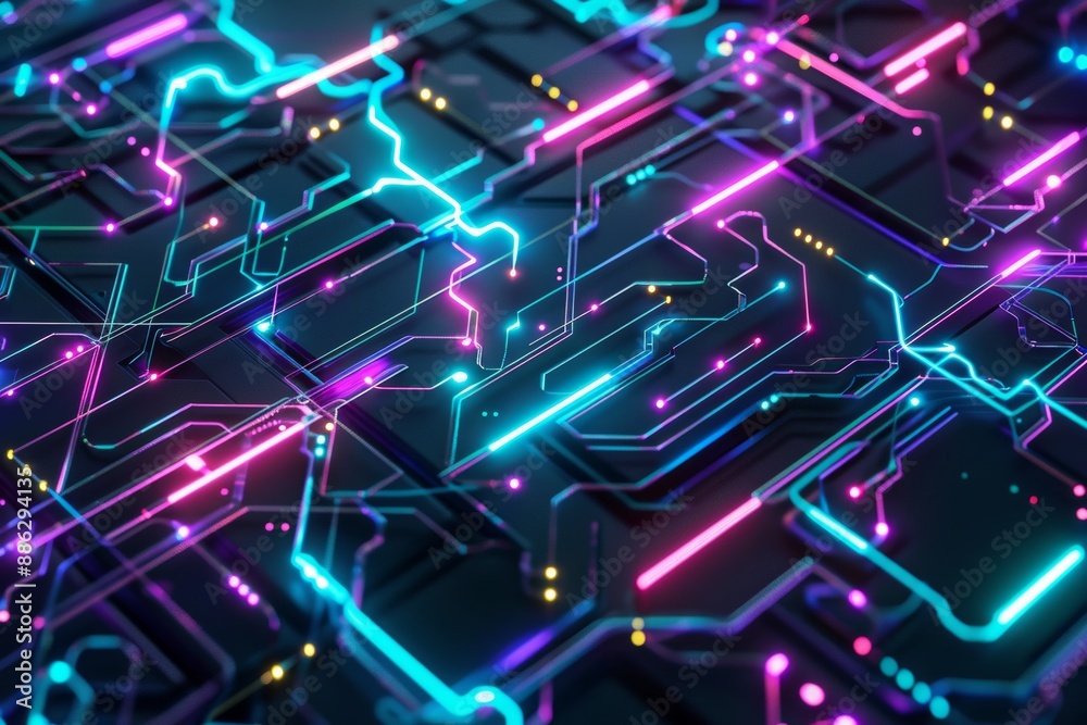 Neon circuits and glowing lines in electric blue and pink hues, showcasing a high-tech aesthetic Neon circuits and glowing lines in electric blue and pink hues, showcasing a high-tech aesthetic