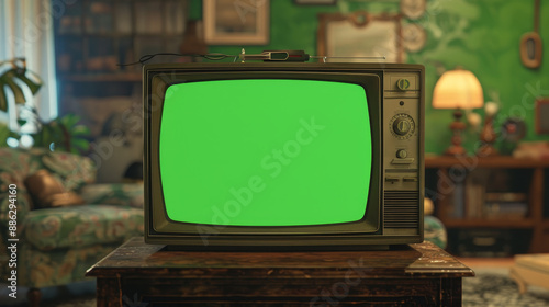 A green screen television sits on a table in a living room photo