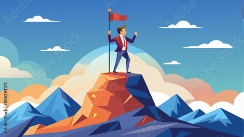Courageous Business Pioneer Conquering New Market Opportunities, Holding Victory Flag on Mountain Peak Summit