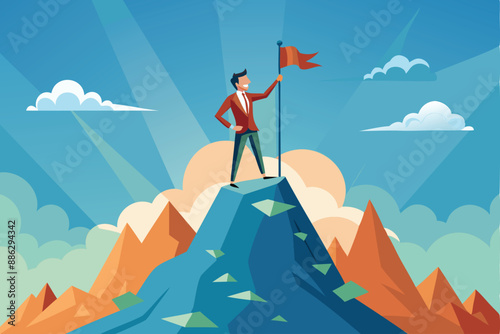 Courageous Business Pioneer Conquering New Market Opportunities, Holding Victory Flag on Mountain Peak Summit