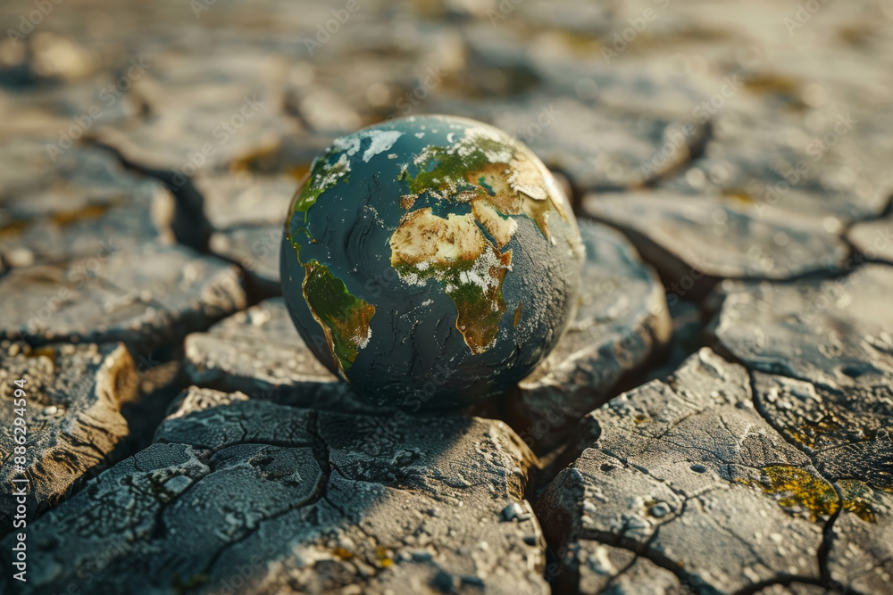 A small blue and green planet sits on a rocky surface A small blue and green planet sits on a rocky surface