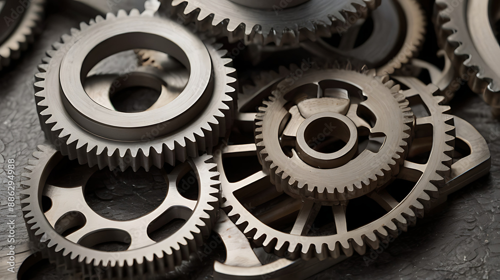 A close-up of interlocking metal gears with intricate details and textures with copy space A close-up of interlocking metal gears with intricate details and textures with copy space