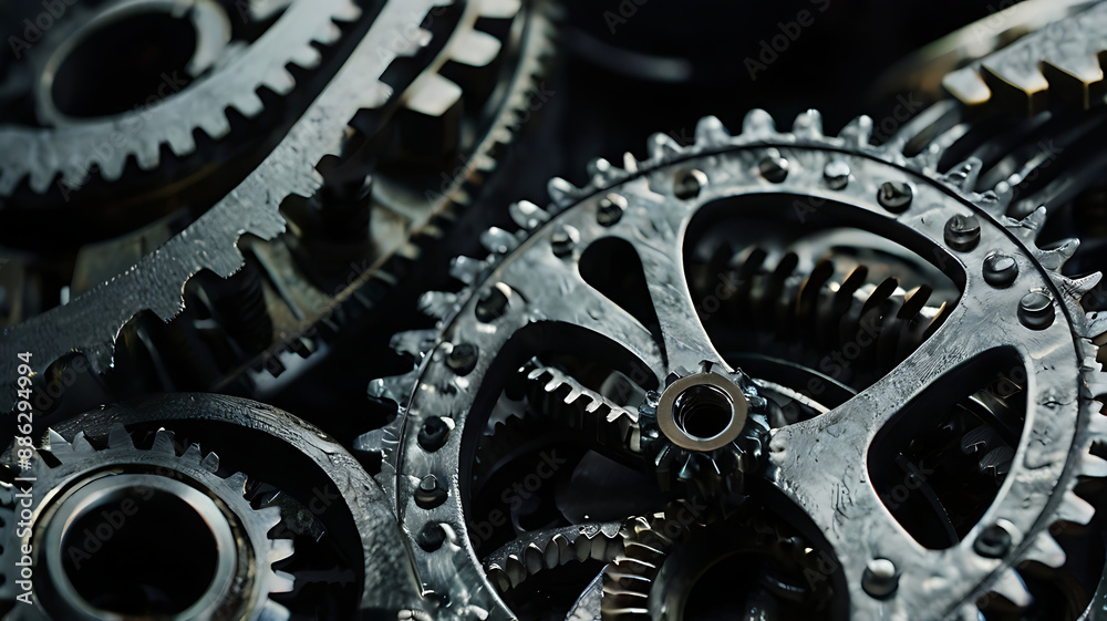 A close-up of interlocking metal gears with intricate details and textures with copy space A close-up of interlocking metal gears with intricate details and textures with copy space