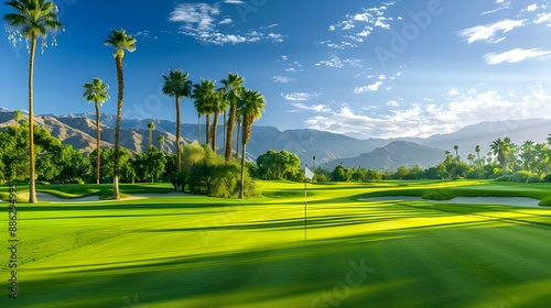 Green lawn and palm trees on a golf course in Palm Springs, California