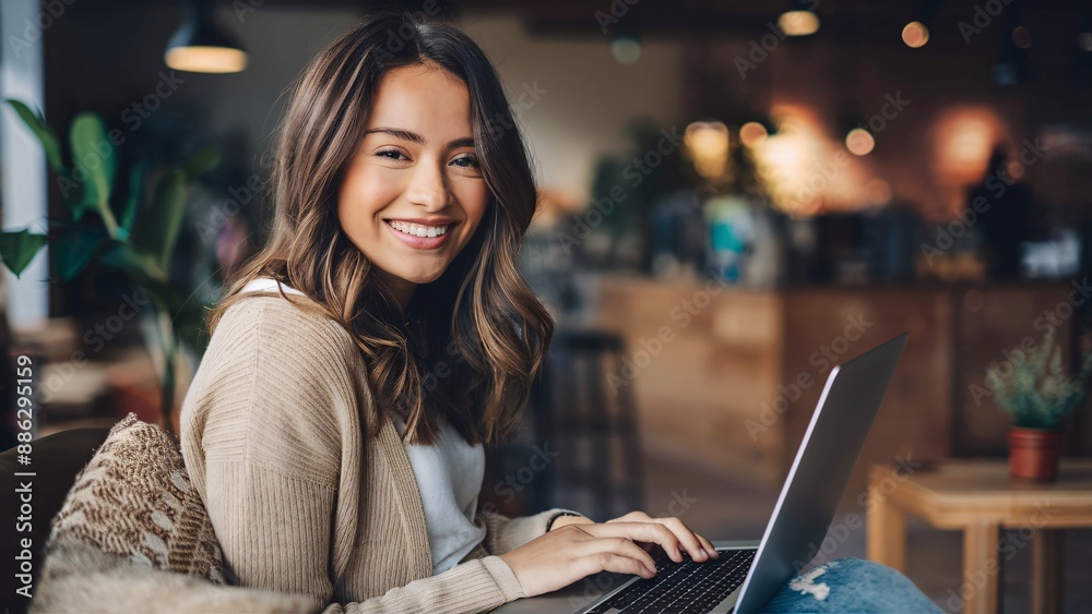 A young woman is sitting in a coffee shop and smiling while using her laptop.
A young woman is sitting in a coffee shop and smiling while using her laptop.