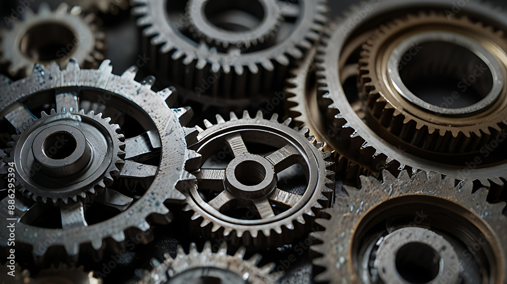 A close-up of interlocking metal gears with intricate details and textures with copy space A close-up of interlocking metal gears with intricate details and textures with copy space